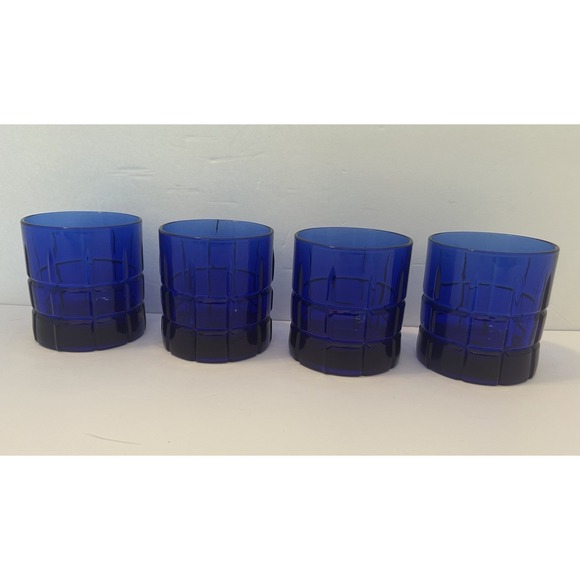 Anchor Hocking Other - Anchor Hocking Cobalt Blue Tartan Old Fashioned Whiskey Rocks Glasses Set of 4
